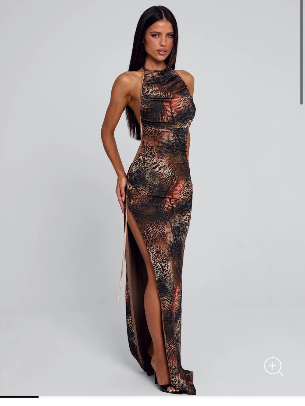 High-Slit Sleeveless Animal-Print High-Low Maxi Dress - Brown